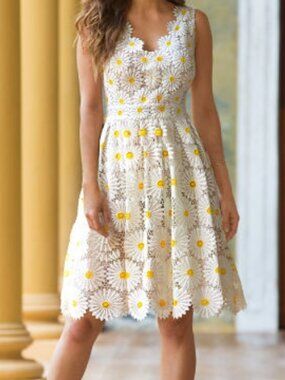 Boston Proper Daisy Lace Dress White Yellow V-Neck Size 6